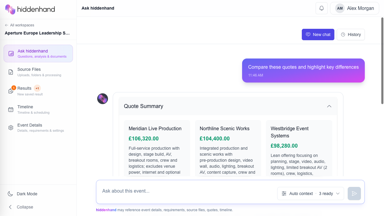 hiddenhand comparison of three fictional supplier quotes with exact totals and scope summaries